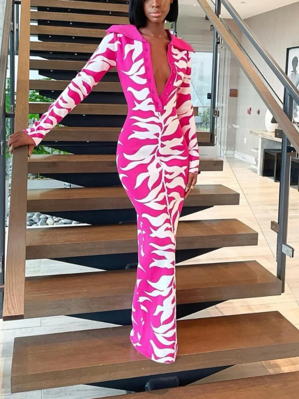 New Hanifa Soraya Maxi Dress Knit Long Sleeve Abstract Floral Leaf Print Sexy XS - Picture 9 of 10